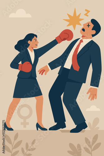 Empowered Businesswoman Knocks Out Businessman with Boxing Glove. Gender Equality in Business. Female Empowerment. Victory, Success, Competition, Power, Fight.