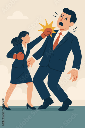 Empowered businesswoman triumphs in corporate battle, knocking out male competitor with boxing glove. Symbol of success, gender equality, career advancement, overcoming adversity.