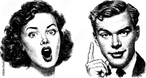 Engraved illustration set featuring surprised woman and thoughtful man for retro designs