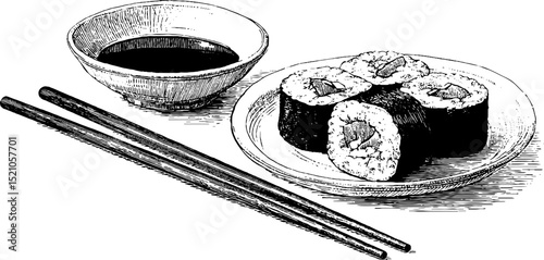 Engraved sushi roll set with chopsticks and soy sauce dish for culinary art and design