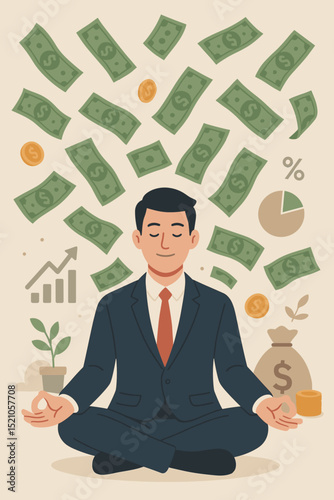 Wealth Meditation: Businessman Meditating with Money Rain, Financial Growth, Success Visualization, Budget Planning, Profit Increase, Mindfulness for Prosperity and Abundance