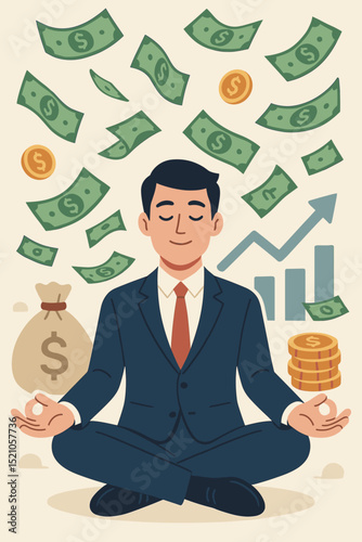 Wealth meditation financial success. Businessman manifesting money. Lotus pose yoga for abundance. Investment profit growth chart. Calm focus for financial freedom. Rich mindset. Dollar bills coins.