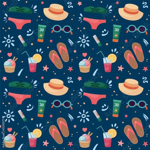 Female Beach accessories seamless pattern. Beach holidays, vacation concept. Flat design, vector cartoon illustration. Strokes of sunscreen cream. Flat design