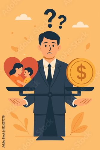 Striking Balance: Work vs Family. Businessman Balancing Act. Balancing Money and Love. Career Choices. Life Balance. Family and Career Equilibrium. Work-Life Balance. Choices and Dilemmas