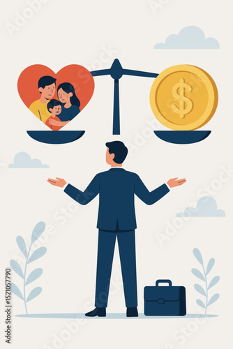Work-life balance concept. Businessman career choice. Family versus money. Scale weighing priorities. Job professional life versus personal love happiness. Modern dilemma. Financial decision. Values.