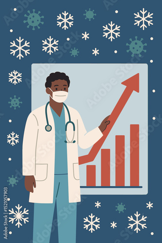 Winter COVID Surge Illustration. Doctor Presenting Rising Cases Graph with Snowflakes and Virus. Healthcare, Pandemic, Medical Professional, Virus Prevention, Statistic Increase