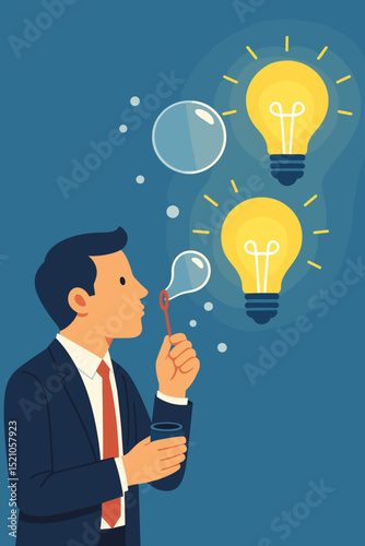 Innovative business idea generation concept. Businessman blowing bubbles transforming into bright lightbulbs. Metaphor for creativity, inspiration, startup solutions, and brainstorming.