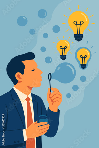 Creative business idea concept. Man in suit blowing bubbles transforming into lightbulbs. Symbol of innovation, inspiration, vision, new solutions, startup thinking, and brainstorming process.