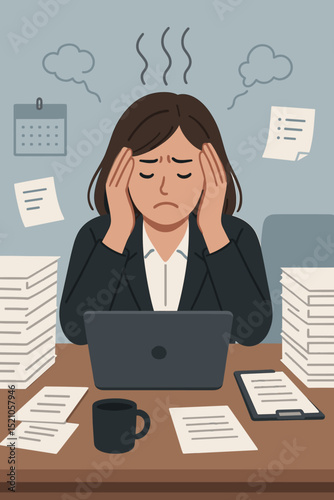 Exhausted Businesswoman Suffering from Burnout at Desk Overwhelmed by Workload, Feeling Stressed and Anxious with Headache. Mental Health Issues and Emotional Exhaustion Concept
