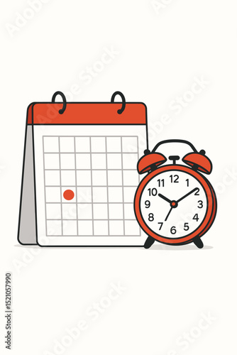 Classic red alarm clock with monthly desk calendar. Time management, appointment, deadline, schedule, event planning, organization, and reminder concept. Isolated vector graphic.