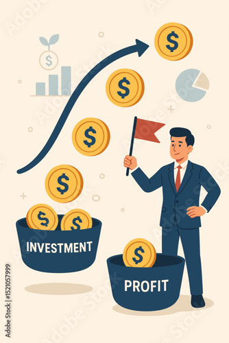 Managing Cash Flow Growth Concept with Investment and Profit Increase, Business Success Illustration with Dollar Coins, Financial Strategy, Revenue and Income Increase