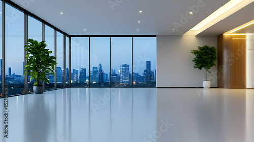 Modern contemporary office interior with an empty room, a large window, and light wood parquet flooring