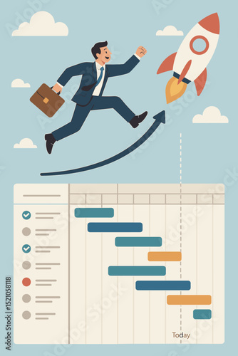 Dynamic Project Management Success: Businessman's Ascent to Rocket Launch on Gantt Chart - Achieving Goals, Timeline, and Deadlines with Strategic Planning