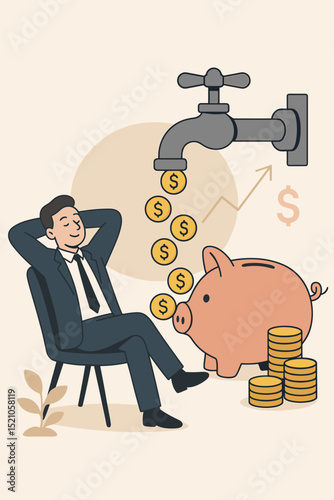 Passive Income Flow. Financial Freedom and Savings. Piggy Bank Receiving Money from Tap. Investor Relaxing. Investment Growth. Financial Well-being Concept. Vector Illustration