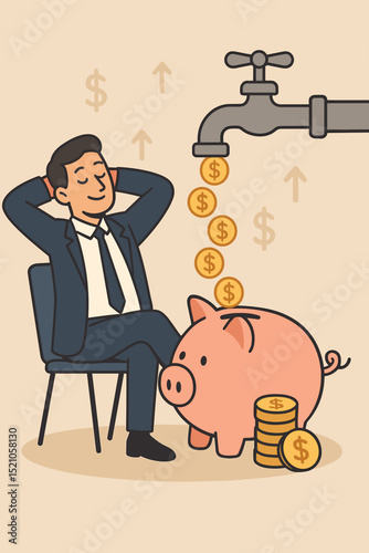 Passive Income Bliss: Relaxed Investor with Piggy Bank, Golden Coins Flowing from Tap. Financial Freedom, Wealth Creation, Savings, Investment Growth, and Economic Wellbeing