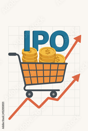 IPO initial public offering concept vector illustration. Shopping cart with coins representing buying shares. Stock market growth, financial investment, and business success graph.