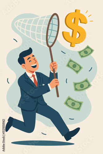 Businessman catching profitable opportunities, chasing money with net. Ambitious entrepreneur pursuing dollar sign and bills for financial success, investment strategy, and wealth growth.