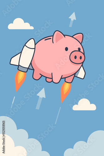 Rocket powered piggy bank launching skyward, symbolizing rapid financial growth, investment success, savings boost, wealth accumulation. Upward trend arrows, finance concept.