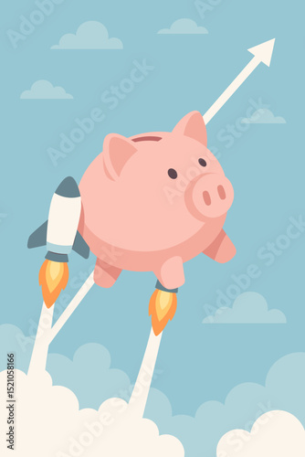 Rocket powered piggy bank blasting off symbolizing rapid financial growth, investment success, and savings boost. Sky background with upward arrow for financial improvement and profit.