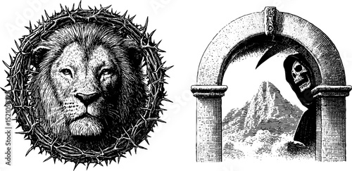 Engraved illustration of lion with thorned wreath and grim reaper in gothic arch