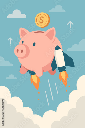 Piggy bank rocket. Financial growth metaphor. Fast savings investment. Money boost. Wealth accumulation. Dollar coin sky. Success concept. Finance goals achieve. Upward trend. Prosperity.