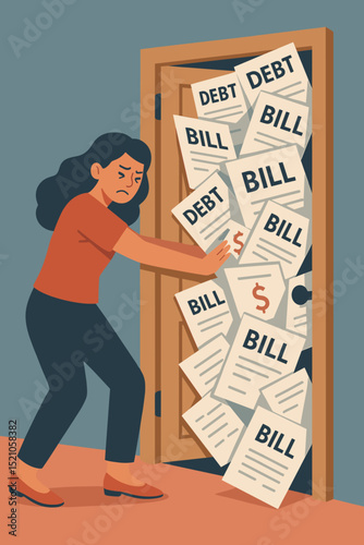 Financial struggle illustration. Woman stressed by mountains of debt, pushing unpaid bills at door. Economic crisis, financial burden, money problems, poverty concept, overwhelming expenses. Vector.