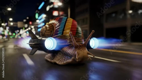 Futuristic turbo snail racing through neonlit city streets at night