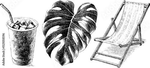 Tropical leaf pattern with engraved deck chair and refreshing drink