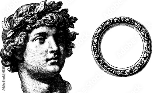 Vintage engraved portrait with ornate circular frame design for art and decoration