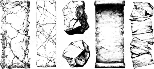 Vintage engraved illustrations of aged stains and textured paper set for retro design