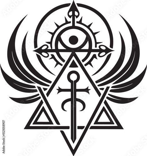 Cyber sigilism, neo tribal, gothic element Vector Illustration, Sketch Drawing Line Linear Symbol Icon Engraving Coloring Book, Hand-drawn Black and White Isolated