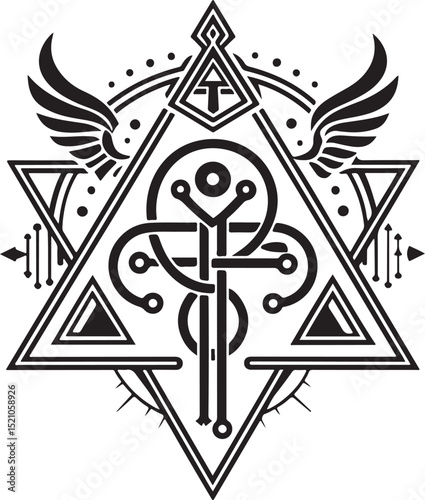 Cyber sigilism, neo tribal, gothic element Vector Illustration, Sketch Drawing Line Linear Symbol Icon Engraving Coloring Book, Hand-drawn Black and White Isolated