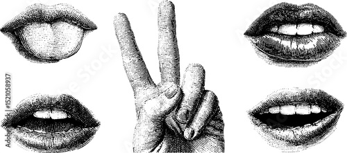 Engraved illustration set of winking lips, pout expressions, and peace hand gesture for design