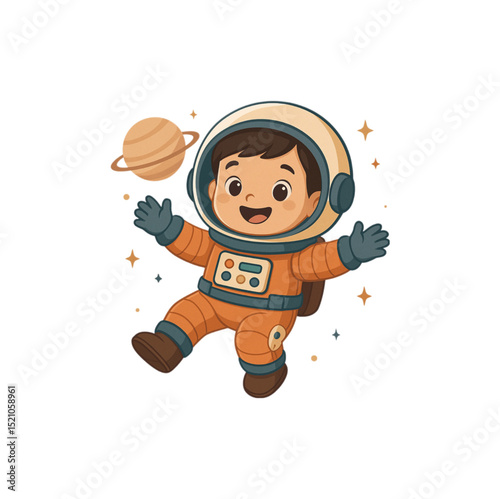 vector illustration of a happy child astronaut floating in space, wearing a colorful orange and teal space suit with a clear helmet.