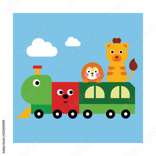 Cartoon Train Journey With Animals In Each Carriage