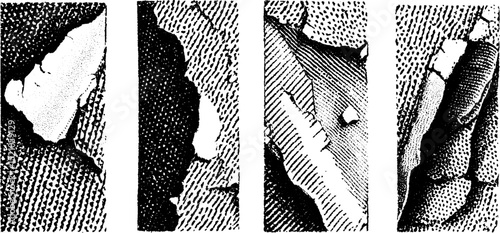 Engraved illustration set of worn masking tape edges for artistic design and texture exploration