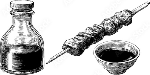 Traditional yakitori skewer with sauce bottle and bowl - engraved japanese cuisine art