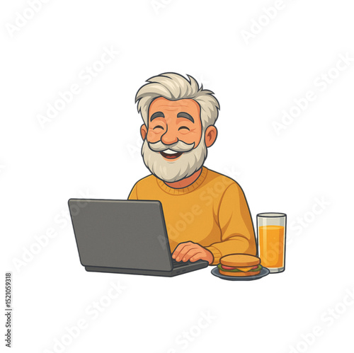 an old man with white hair sitting at a table using a laptop. Vector illustration