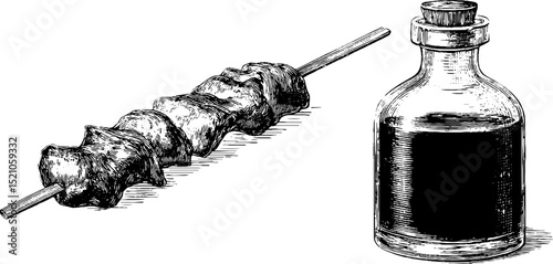 Engraved yakitori skewer and sauce bottle illustration set for culinary design