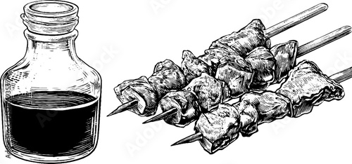 Authentic yakitori skewer engravings with traditional sauce bottle for culinary design concepts