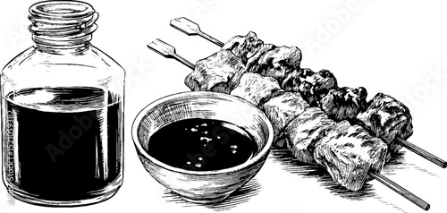 Traditional japanese yakitori skewers with sauce engraved illustration set