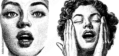 Expressive engraved illustration of yawning faces and eyes for artistic designs