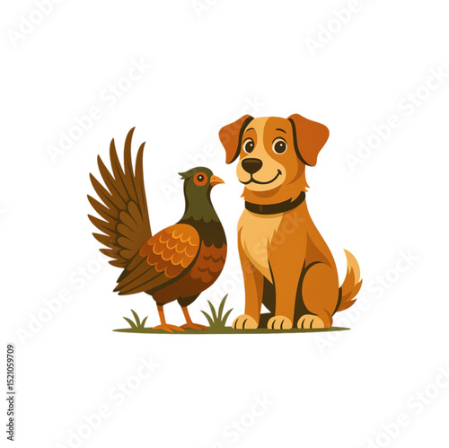 vector illustration of a friendly brown dog sitting next to a colorful pheasant.
