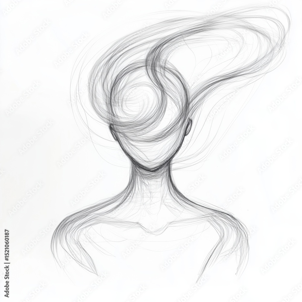 Fototapeta premium Pencil sketch of a calm seated figure, breath visualized as soft contour waves around the head. Symbol of mindfulness, presence, and inner balance. Suitable for mental health and wellness themes.