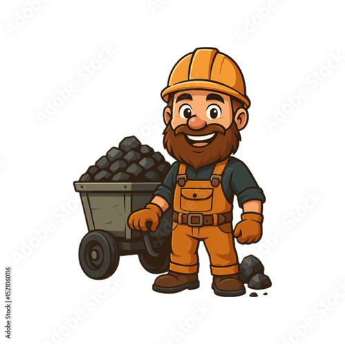 vector illustration of a coal miner standing proudly in front of a mine cart loaded with coal, wearing orange work clothes, safety helmet, gloves and boots.