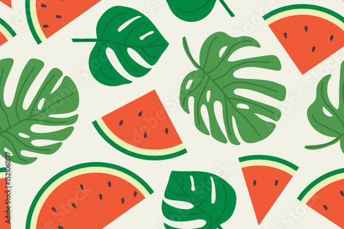 summer seamless pattern with monstera leaves and watermelon;  bright, juicy perfect for textiles, packaging, wallpapers, and seasonal designs- vector illustration