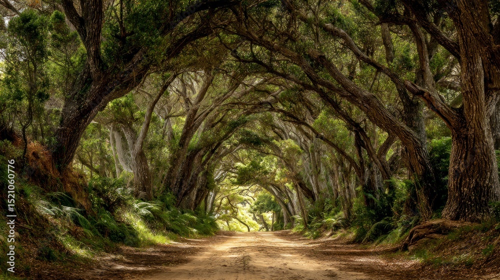Naklejka premium Lush forest path sunlight through arched trees nature landscape