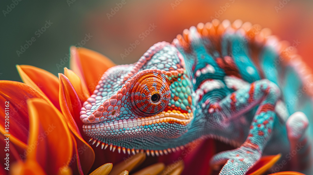 Fototapeta premium Vibrant Chameleon Resting on Orange Petals with Detailed Close-Up View