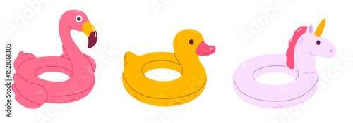 Collection of three isolated inflatable pool floats including flamingo, duck, and unicorn, ideal for summer designs and kids’ products