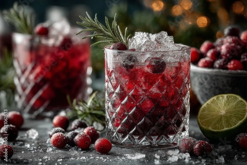 Sparkling cranberry cocktails with fresh rosemary and lime served on a festive table